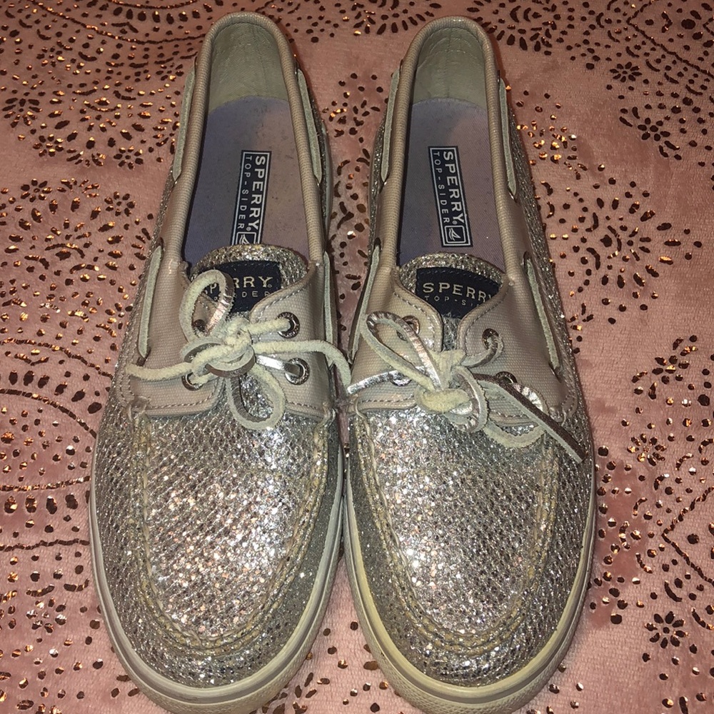 Sperry Top Slider Silver Glitter Sequin Boat Shoes